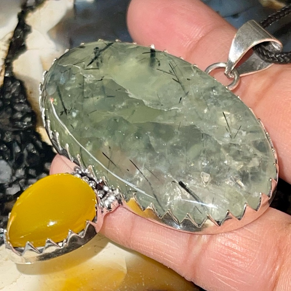 Needle-Like Prehnite & Chalcedony Pendant 2 1/2”